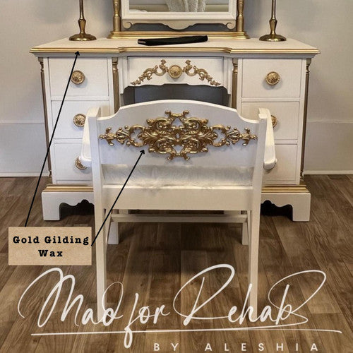 A white vanity desk with gold accents and a matching chair featuring gold ornate detailing. The text "Gold Gilding Wax" points to the gold embellishments. "Mad for Rehab by Aleshia" is written at the bottom.