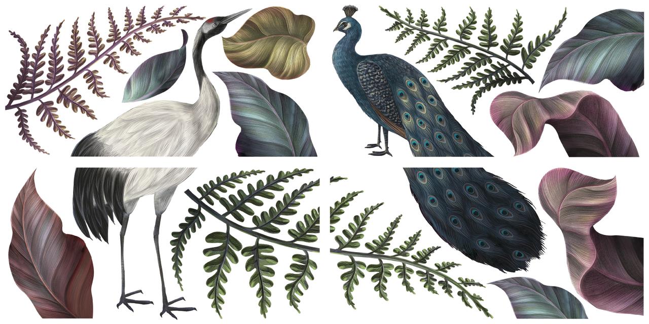 Image of Elegant Avian Floral Transfer. A large white and black crane to the left of a blue peacock. With purple, green, and blue leaves and branches.
