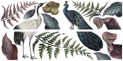 Image of Elegant Avian Floral Transfer. A large white and black crane to the left of a blue peacock. With purple, green, and blue leaves and branches.