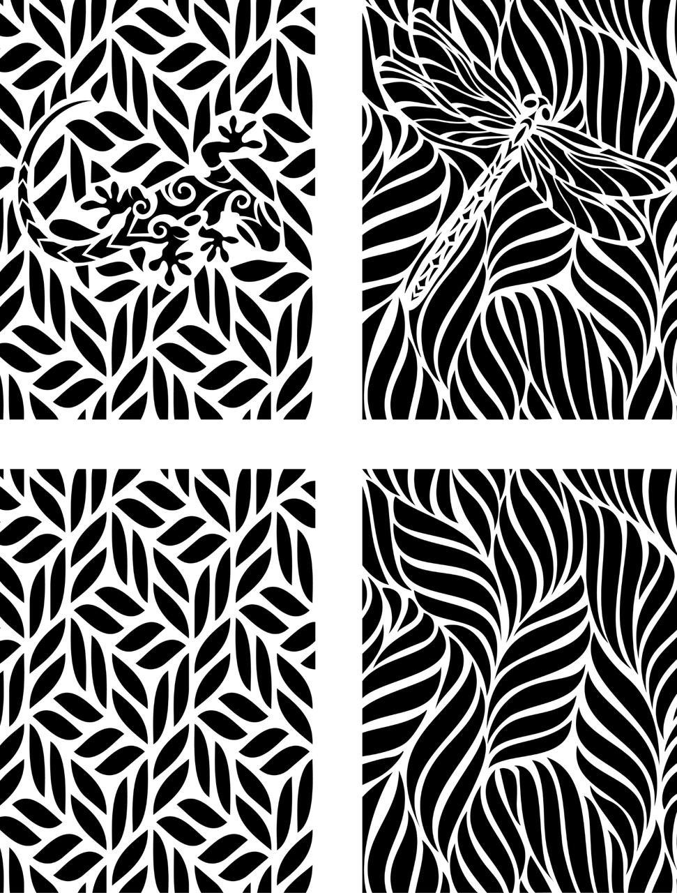 Belles and Whistles Enchanted Garden - Stencil provides an extra decorative touch to any project! Image of Enchanted Garden Stencil design. 4 separate designs with leaf designs. One of the designs has a lizard within the leaf design and one design has a dragonfly within the design. The other two are just leaf-like designs.