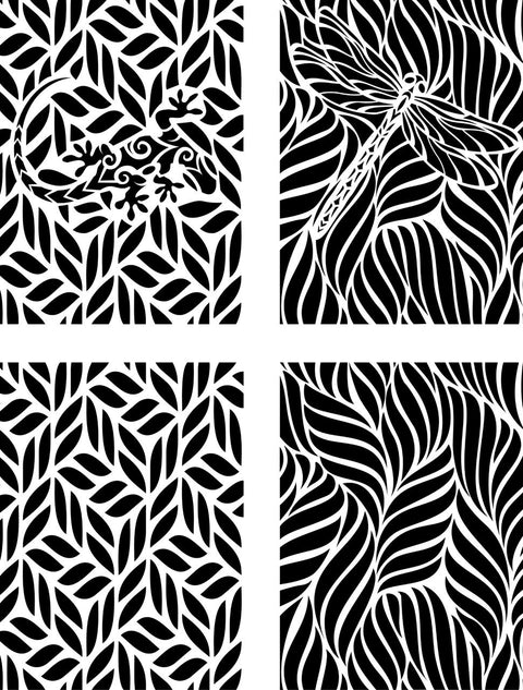 Belles and Whistles Enchanted Garden - Stencil provides an extra decorative touch to any project! Image of Enchanted Garden Stencil design. 4 separate designs with leaf designs. One of the designs has a lizard within the leaf design and one design has a dragonfly within the design. The other two are just leaf-like designs.