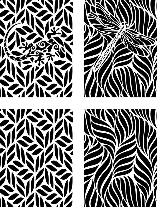 Belles and Whistles Enchanted Garden - Stencil provides an extra decorative touch to any project! Image of Enchanted Garden Stencil design. 4 separate designs with leaf designs. One of the designs has a lizard within the leaf design and one design has a dragonfly within the design. The other two are just leaf-like designs.