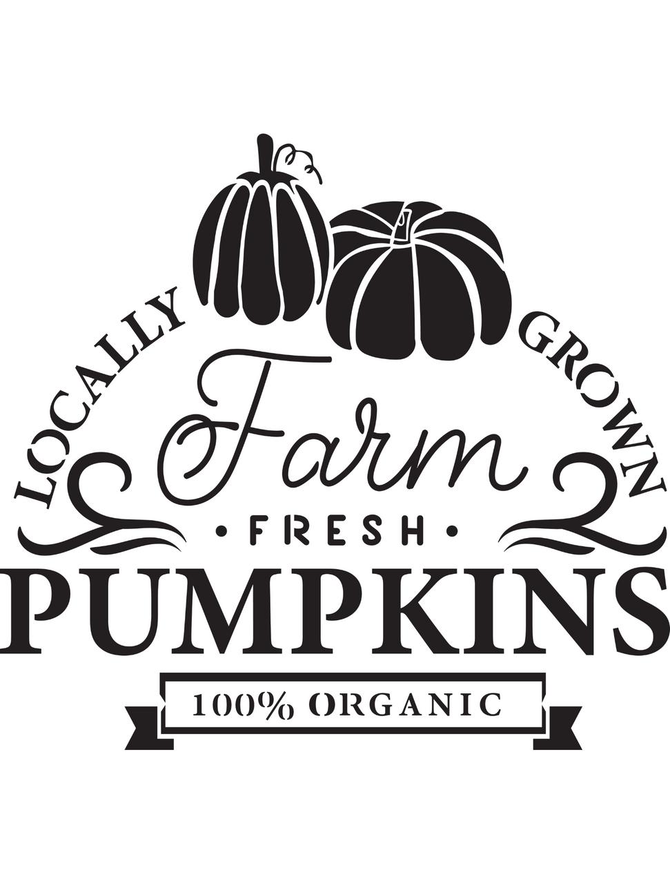 A black and white illustration featuring the text "Locally Grown Farm Fresh Pumpkins," with two stylized pumpkins on top. Below, a banner reads "100% Organic." Decorative swirls accent the text.