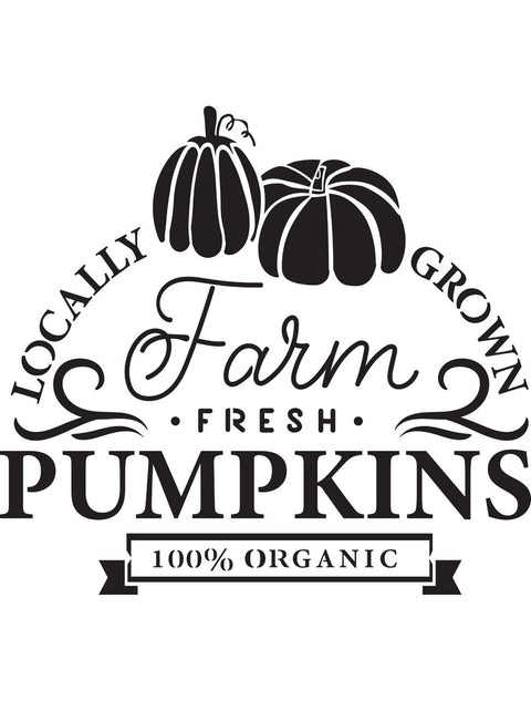 A black and white illustration featuring the text "Locally Grown Farm Fresh Pumpkins," with two stylized pumpkins on top. Below, a banner reads "100% Organic." Decorative swirls accent the text.