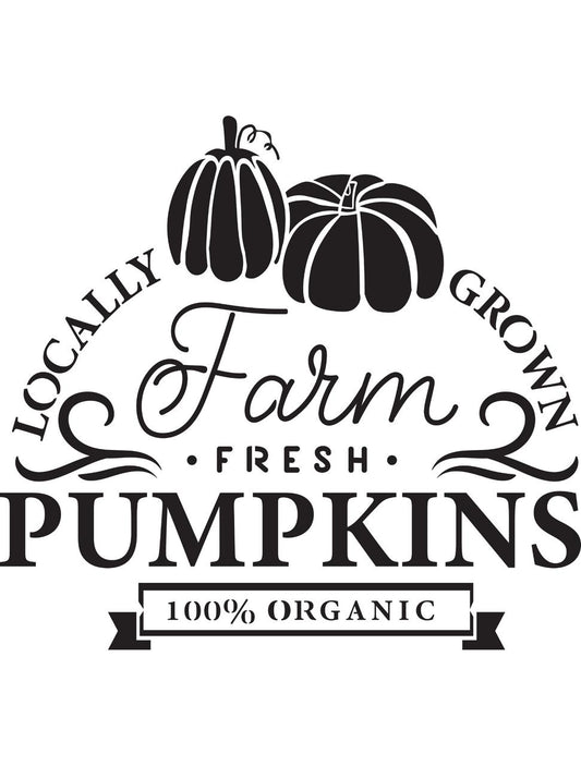 A black and white illustration featuring the text "Locally Grown Farm Fresh Pumpkins," with two stylized pumpkins on top. Below, a banner reads "100% Organic." Decorative swirls accent the text.