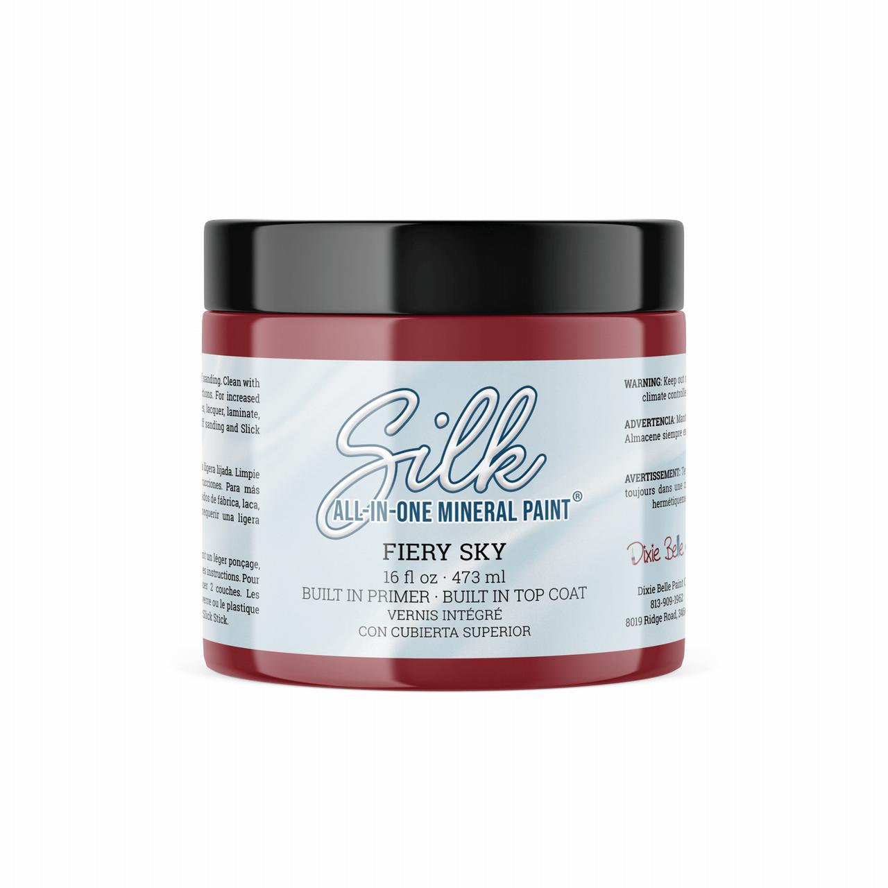 Fiery Sky Silk All-In-One paint is perfect for painting kitchen cabinets, bathroom cabinets and painting furniture.
16 ounce container of the Fiery Sky Silk All-In-One paint on a white background.