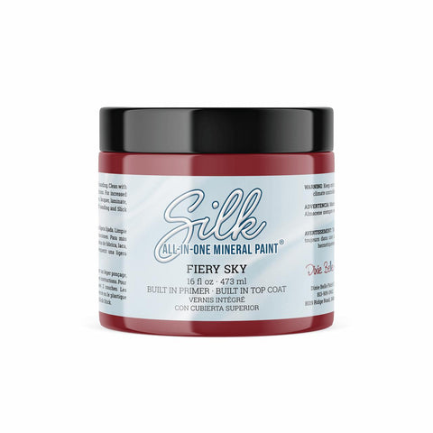 Fiery Sky Silk All-In-One paint is perfect for painting kitchen cabinets, bathroom cabinets and painting furniture.
16 ounce container of the Fiery Sky Silk All-In-One paint on a white background.