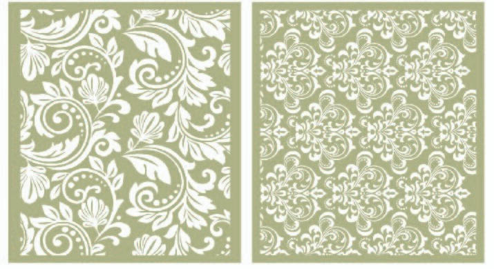 Image of Filigree Silkscreen Stencil. 2 sheets of filigree patterns. One of the sheets patterns' resemble a crown. The other is a leaf-like swirl design.