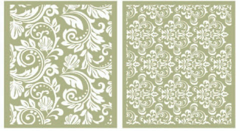 Image of Filigree Silkscreen Stencil. 2 sheets of filigree patterns. One of the sheets patterns' resemble a crown. The other is a leaf-like swirl design.