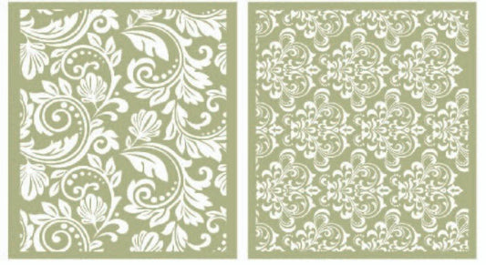 Image of Filigree Silkscreen Stencil. 2 sheets of filigree patterns. One of the sheets patterns' resemble a crown. The other is a leaf-like swirl design.