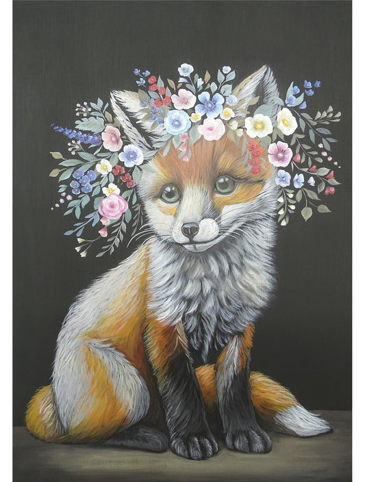A detailed painting of a young fox sitting upright against a dark background. The fox has vibrant fur in shades of orange, white, and black and is adorned with a colorful crown of flowers and leaves on its head, featuring hues of pink, blue, purple, and white.