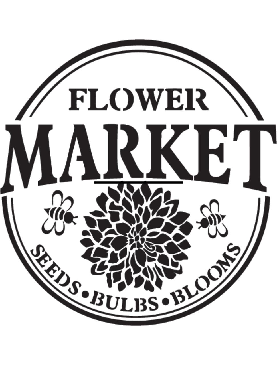 A circular emblem with the words "Flower Market" in bold, featuring a central floral design with two bees. The border has "Seeds," "Bulbs," and "Blooms" written around the bottom.