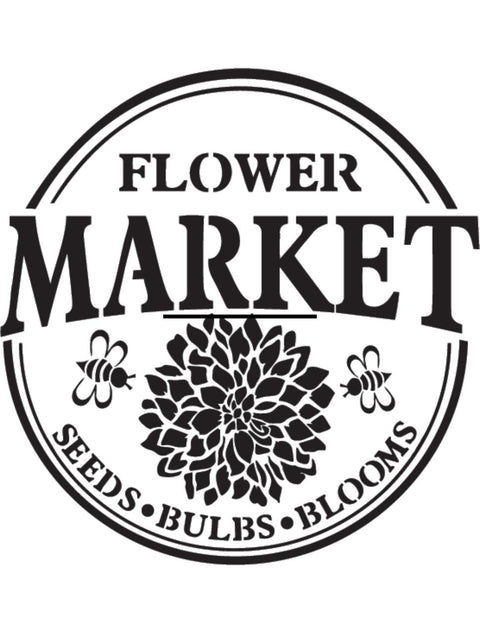 A circular emblem with the words "Flower Market" in bold, featuring a central floral design with two bees. The border has "Seeds," "Bulbs," and "Blooms" written around the bottom.