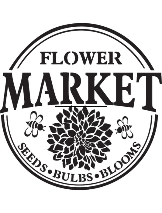 A circular emblem with the words "Flower Market" in bold, featuring a central floral design with two bees. The border has "Seeds," "Bulbs," and "Blooms" written around the bottom.
