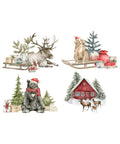 Four whimsical watercolor illustrations of animals in various holiday-themed scenes, including one with a reindeer and a dog with a sleigh, another with a bear wearing a plaid scarf, and a snowy red cabin with a reindeer family in front.