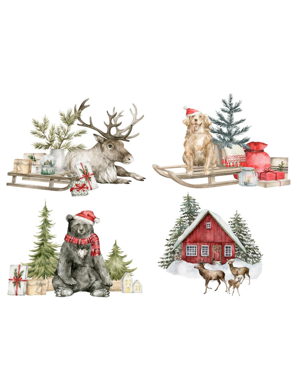 Four whimsical watercolor illustrations of animals in various holiday-themed scenes, including one with a reindeer and a dog with a sleigh, another with a bear wearing a plaid scarf, and a snowy red cabin with a reindeer family in front.