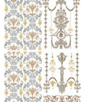 Image of the Gilded Damask Water Slide Transfer. 4 sheets of blue and brown baroque style patterns. Chandelier type designs with gold accents. Smaller designs on the sides and bottom that can be used for borders.