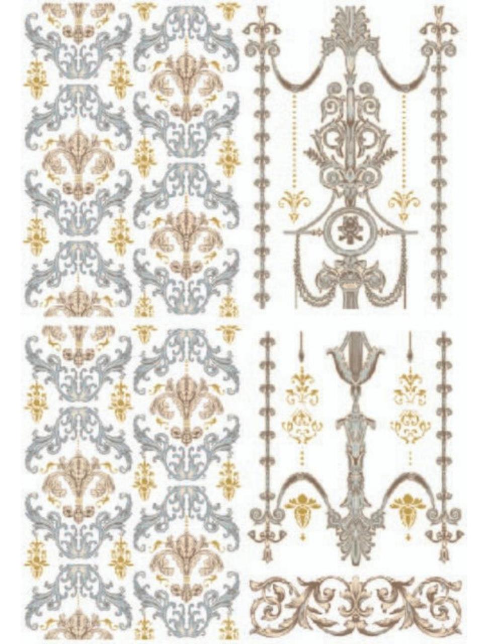 Image of the Gilded Damask Water Slide Transfer. 4 sheets of blue and brown baroque style patterns. Chandelier type designs with gold accents. Smaller designs on the sides and bottom that can be used for borders.