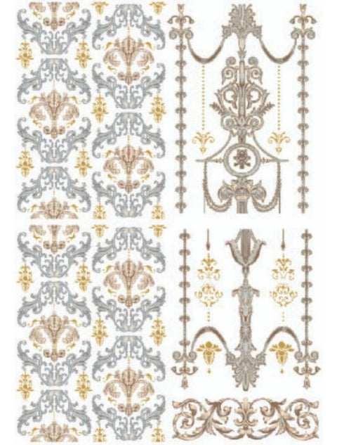 Image of the Gilded Damask Water Slide Transfer. 4 sheets of blue and brown baroque style patterns. Chandelier type designs with gold accents. Smaller designs on the sides and bottom that can be used for borders.