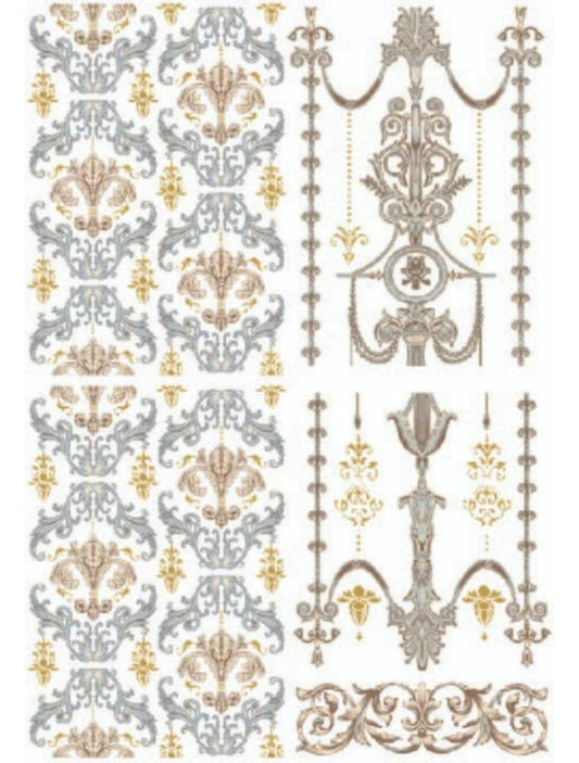 Image of the Gilded Damask Water Slide Transfer. 4 sheets of blue and brown baroque style patterns. Chandelier type designs with gold accents. Smaller designs on the sides and bottom that can be used for borders.