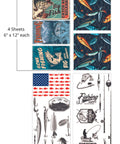 A collage of fishing themed graphics including stylized fish, fishing lures, and text such as "big catch" and "fishing tournament," set against various backgrounds like the American flag and abstract designs. "4 Sheets- 6 in. x 12 in. each"