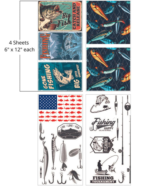 A collage of fishing themed graphics including stylized fish, fishing lures, and text such as "big catch" and "fishing tournament," set against various backgrounds like the American flag and abstract designs. "4 Sheets- 6 in. x 12 in. each"