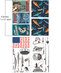 A collage of fishing themed graphics including stylized fish, fishing lures, and text such as "big catch" and "fishing tournament," set against various backgrounds like the American flag and abstract designs. "4 Sheets- 6 in. x 12 in. each"