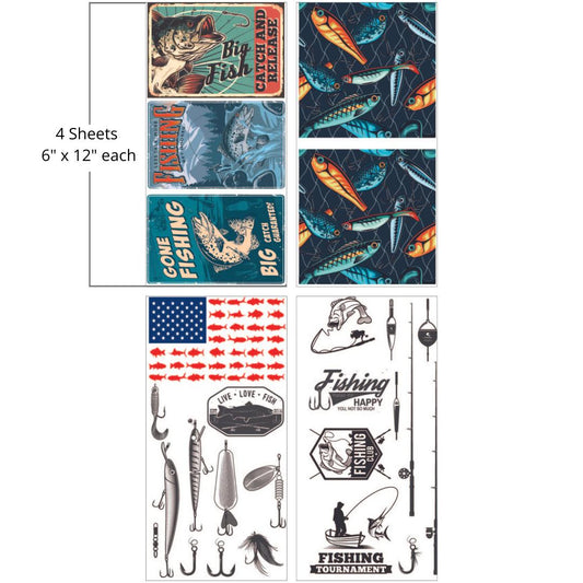 A collage of fishing themed graphics including stylized fish, fishing lures, and text such as "big catch" and "fishing tournament," set against various backgrounds like the American flag and abstract designs. "4 Sheets- 6 in. x 12 in. each"