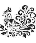 A black and white illustration of a stylized bird with elaborate, flowing feather designs. The intricate patterns include swirling, leafy elements that intertwine with the bird's plumage, creating a visually striking and ornate appearance.