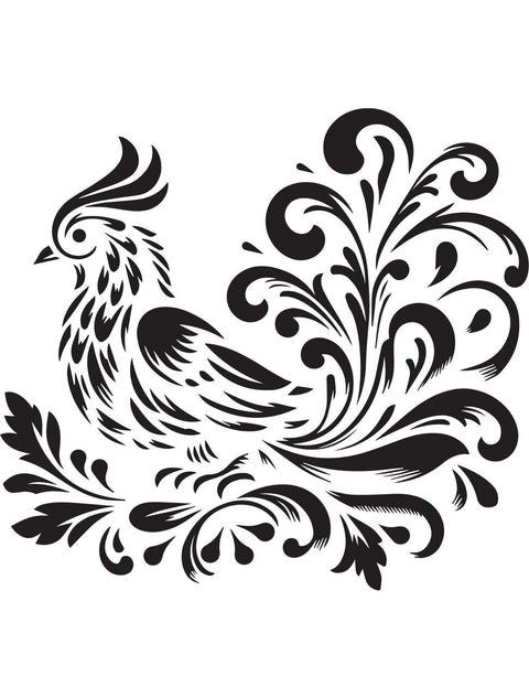 A black and white illustration of a stylized bird with elaborate, flowing feather designs. The intricate patterns include swirling, leafy elements that intertwine with the bird's plumage, creating a visually striking and ornate appearance.