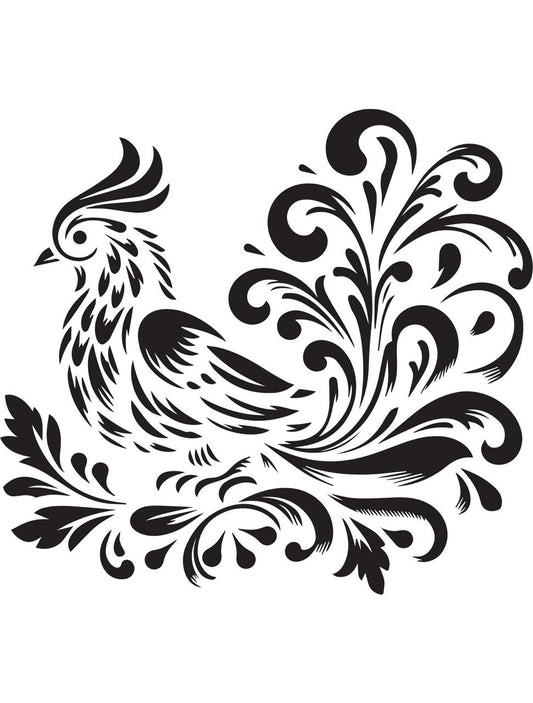 A black and white illustration of a stylized bird with elaborate, flowing feather designs. The intricate patterns include swirling, leafy elements that intertwine with the bird's plumage, creating a visually striking and ornate appearance.
