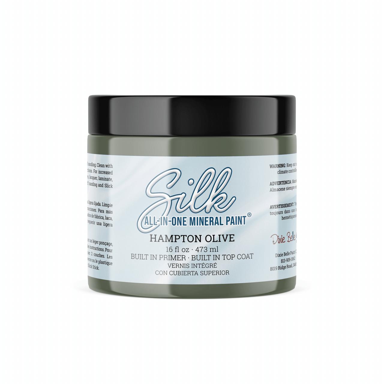 Hampton Olive Silk All-In-One paint is perfect for painting kitchen cabinets, bathroom cabinets and painting furniture.
16 ounce container of the Hampton Olive Silk All-In-One paint on a white background.
