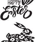 Image of Happy Easter Stencil. "Happy Easter" with bunny ears over the ER in Easter." Also, a bunny leaping with floral patterns inside of the bunny.