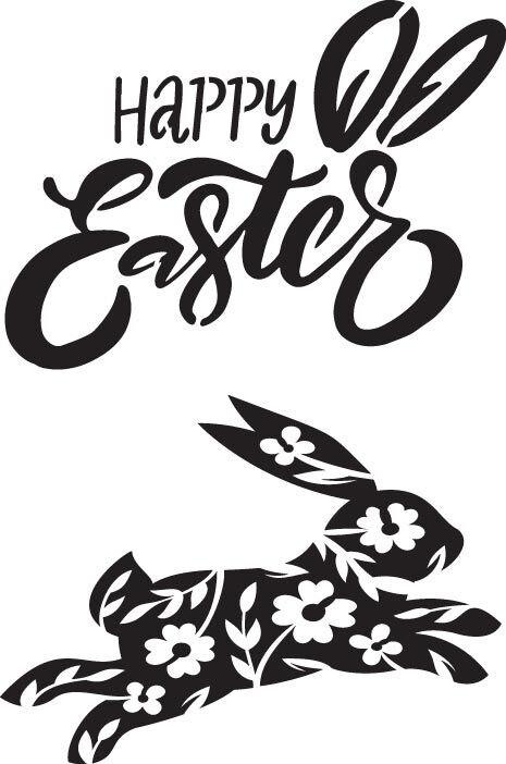 Image of Happy Easter Stencil. "Happy Easter" with bunny ears over the ER in Easter." Also, a bunny leaping with floral patterns inside of the bunny.