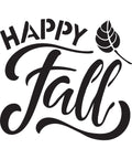 Black and white graphic with the text "Happy Fall" in a mix of bold and cursive fonts. A single leaf is situated to the right of the word "Happy."