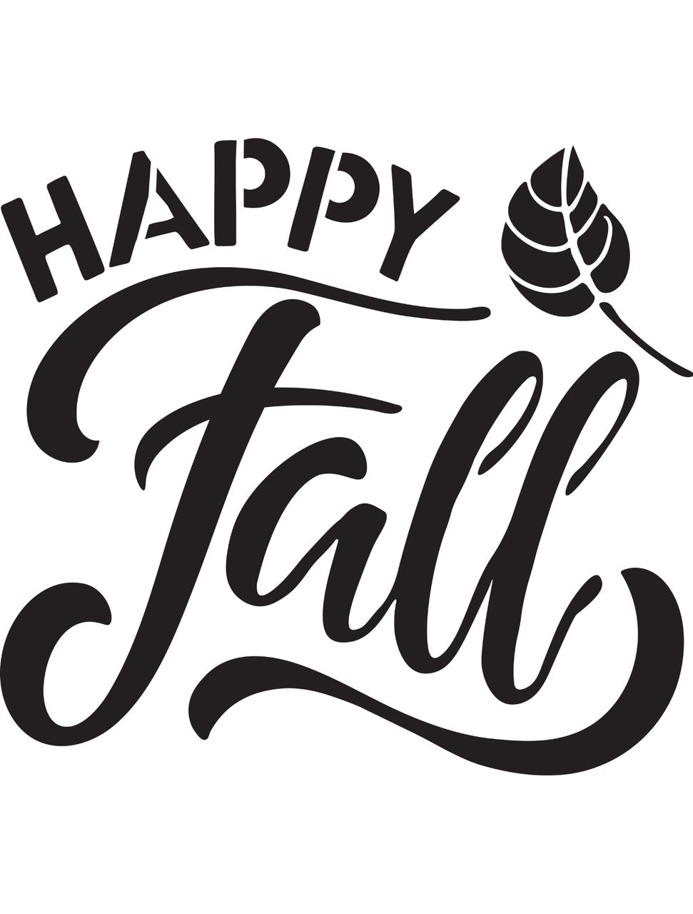 Black and white graphic with the text "Happy Fall" in a mix of bold and cursive fonts. A single leaf is situated to the right of the word "Happy."