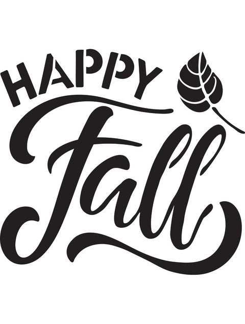 Black and white graphic with the text "Happy Fall" in a mix of bold and cursive fonts. A single leaf is situated to the right of the word "Happy."