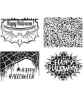 Image of Happy Halloween Stencil. Four designs with spiders, spiderwebs, bats, and Jack-o'-lanterns. Three of the designs have the words "Happy Halloween."