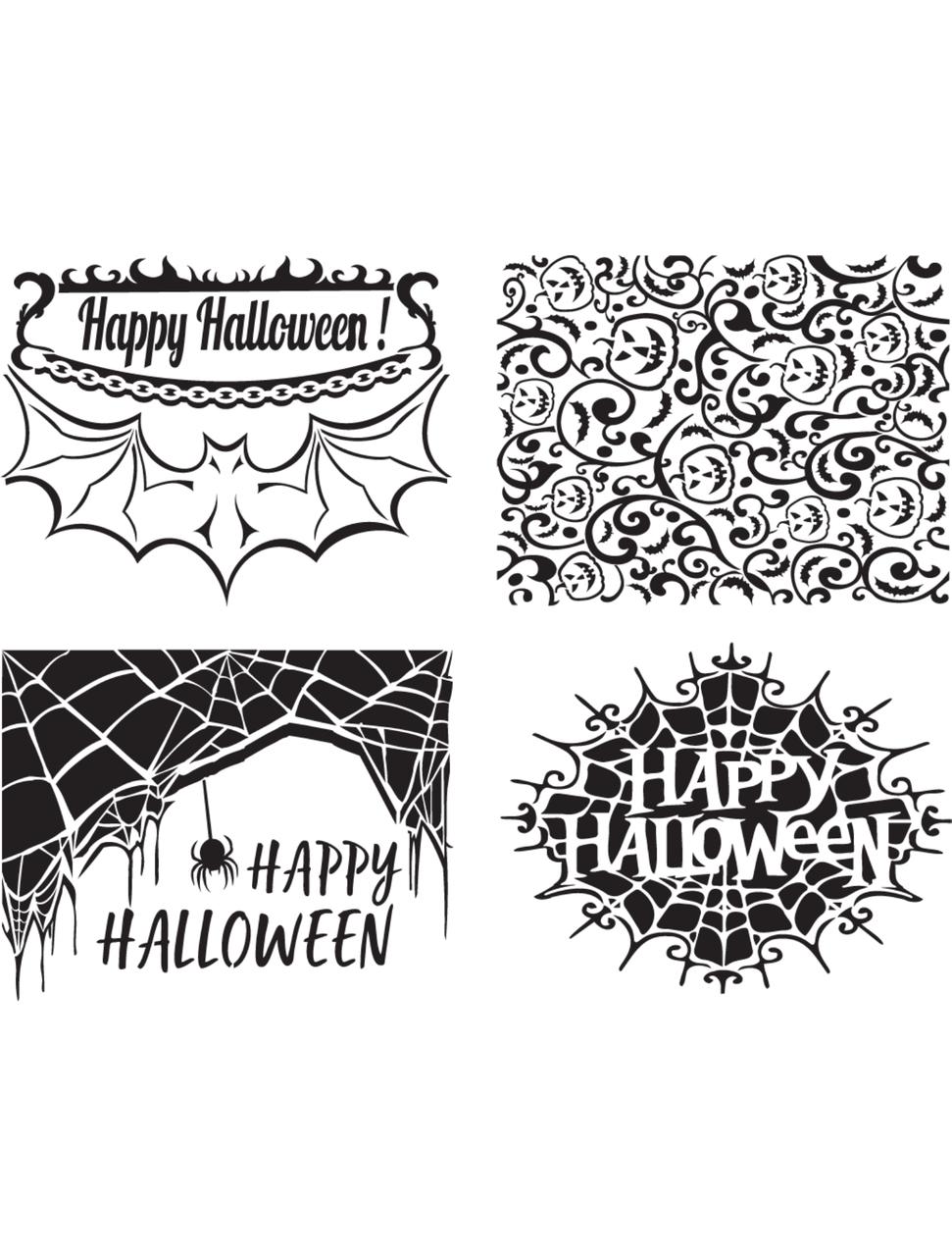 Image of Happy Halloween Stencil. Four designs with spiders, spiderwebs, bats, and Jack-o'-lanterns. Three of the designs have the words "Happy Halloween."