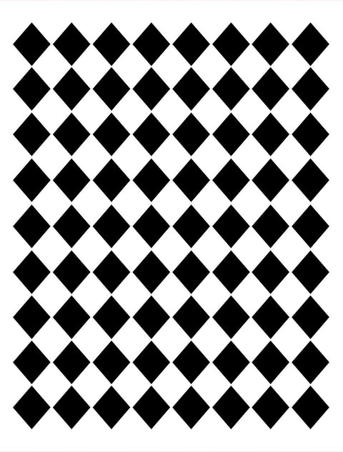 Belles and Whistles Harlequin - Stencil provides an extra decorative touch to any project!
This stencil looks like the top of a Jester's outfit.  There are a row of black diamonds and the row underneath is a row of white diamonds and that continues for 13 more rows. There are 8 diamonds in each row.  To the right of the diamonds is the word Harlequin with blue lettering.