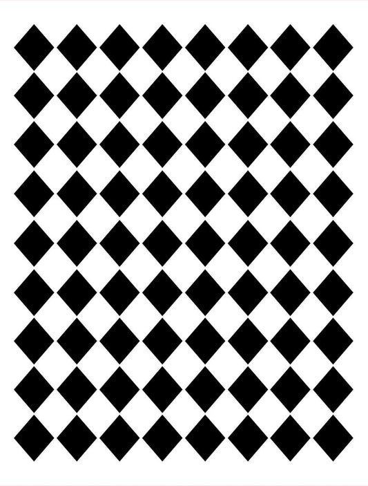 Belles and Whistles Harlequin - Stencil provides an extra decorative touch to any project!
This stencil looks like the top of a Jester's outfit.  There are a row of black diamonds and the row underneath is a row of white diamonds and that continues for 13 more rows. There are 8 diamonds in each row.  To the right of the diamonds is the word Harlequin with blue lettering.
