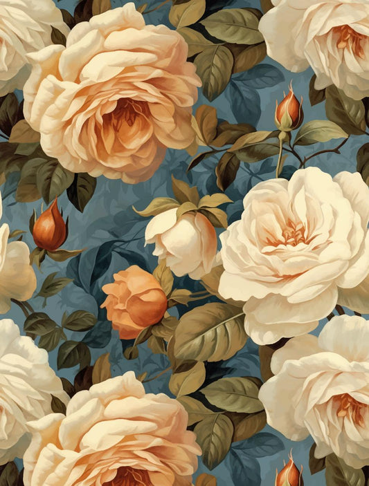Pattern of large, blooming cream and peach roses with green leaves on a muted blue background. Some buds are closed, adding contrast to the full blooms, creating an elegant and vintage floral design.