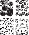 Image of Hello Autumn Stencil. Four designs with fall leaves and pumpkins. One of the designs contains the words "Hello Autumn."