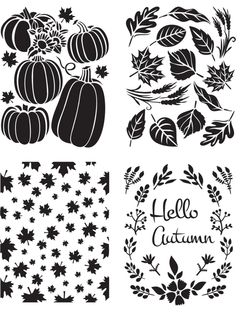 Image of Hello Autumn Stencil. Four designs with fall leaves and pumpkins. One of the designs contains the words "Hello Autumn."