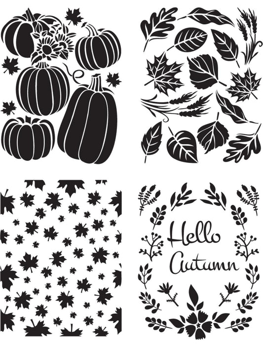 Image of Hello Autumn Stencil. Four designs with fall leaves and pumpkins. One of the designs contains the words "Hello Autumn."