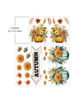 Three sheets of autumn-themed transfers. The first sheet has pumpkins filled with flowers and leaves. The second sheet has acorns, flowers, and a sign saying "AUTUMN." The third sheet has teal pumpkins surrounded by flowers and leaves. Each sheet is 8" x 12".