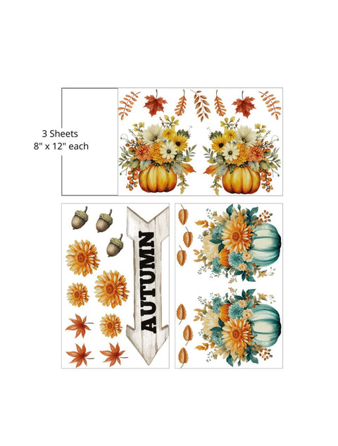 Three sheets of autumn-themed transfers. The first sheet has pumpkins filled with flowers and leaves. The second sheet has acorns, flowers, and a sign saying "AUTUMN." The third sheet has teal pumpkins surrounded by flowers and leaves. Each sheet is 8" x 12".