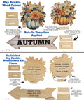 Instructional graphic showing pieces of a Hey Punkin Wood Cutout Kit, including wood pumpkin shapes, an arrow labeled "AUTUMN," base pieces, and rub-on transfers with pumpkins and flowers; assembly steps are labeled.
