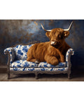 A fluffy Highland cow with long horns lies on an ornate blue and white floral-patterned sofa in a rustic room with wooden floors and a textured blue-brown wall.