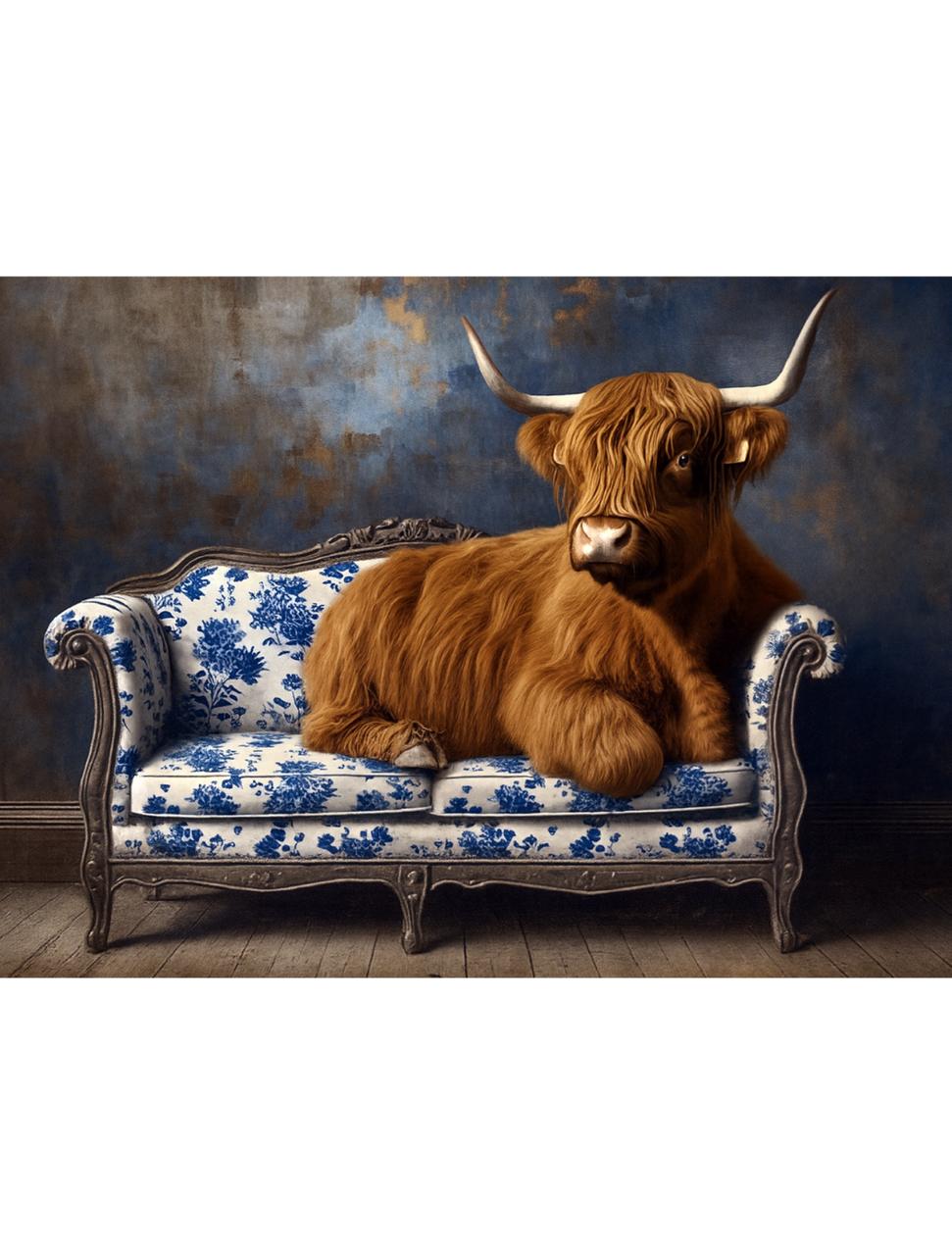 A fluffy Highland cow with long horns lies on an ornate blue and white floral-patterned sofa in a rustic room with wooden floors and a textured blue-brown wall.